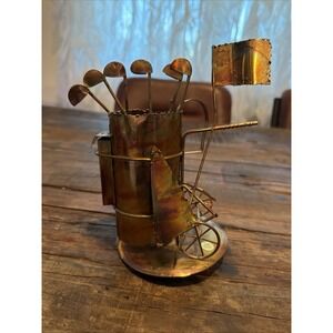 Copper Metal Golf Bag Cart WindUp Music Box Rotating Whimsical Sculpture No Box!